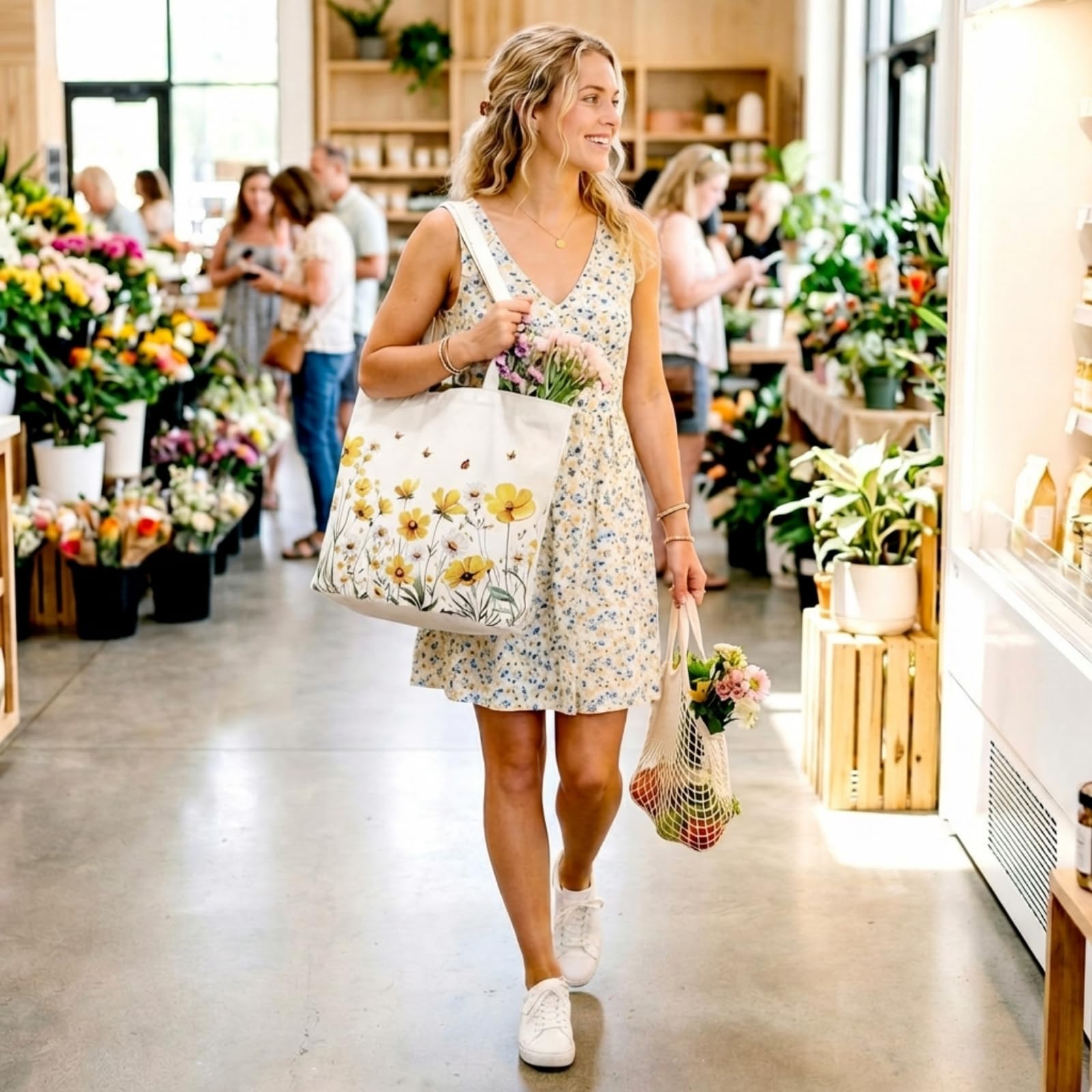 Bencailor 12 x Blumen-Tragetaschen, Leinen, Geschenktüten, wiederverwendbar, ästhetische Wildblumen, Einkaufen, Lebensmittelhandtaschen für Damen, Teeparty-Geschenke
