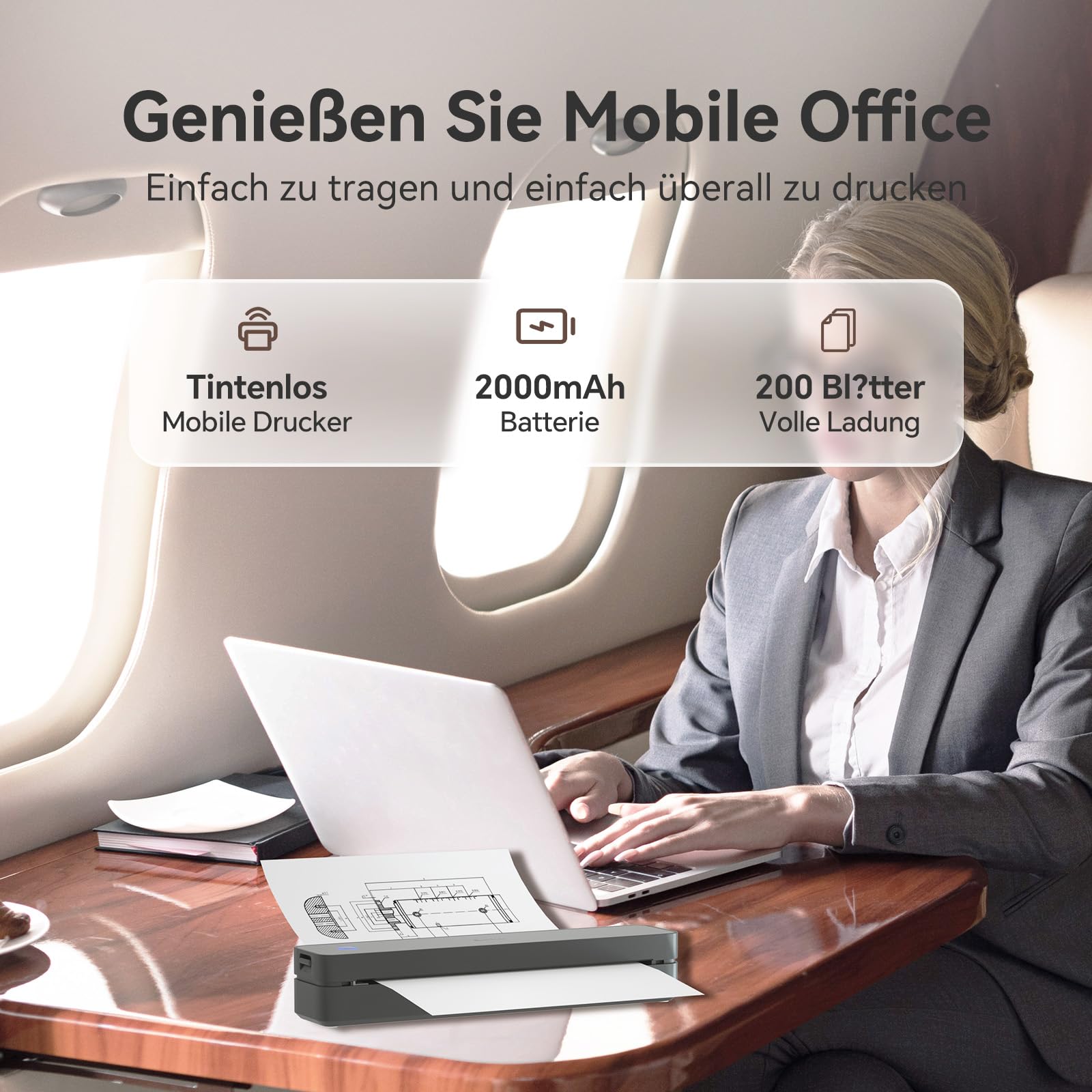 HPRT Impresora portátil inalámbrica para viajes, impresora térmica Bluetooth compatible con iOS, Android y ordenador portátil, soporte 8.5 x 11 US Carta y papel térmico A4, impresora móvil sin tinta