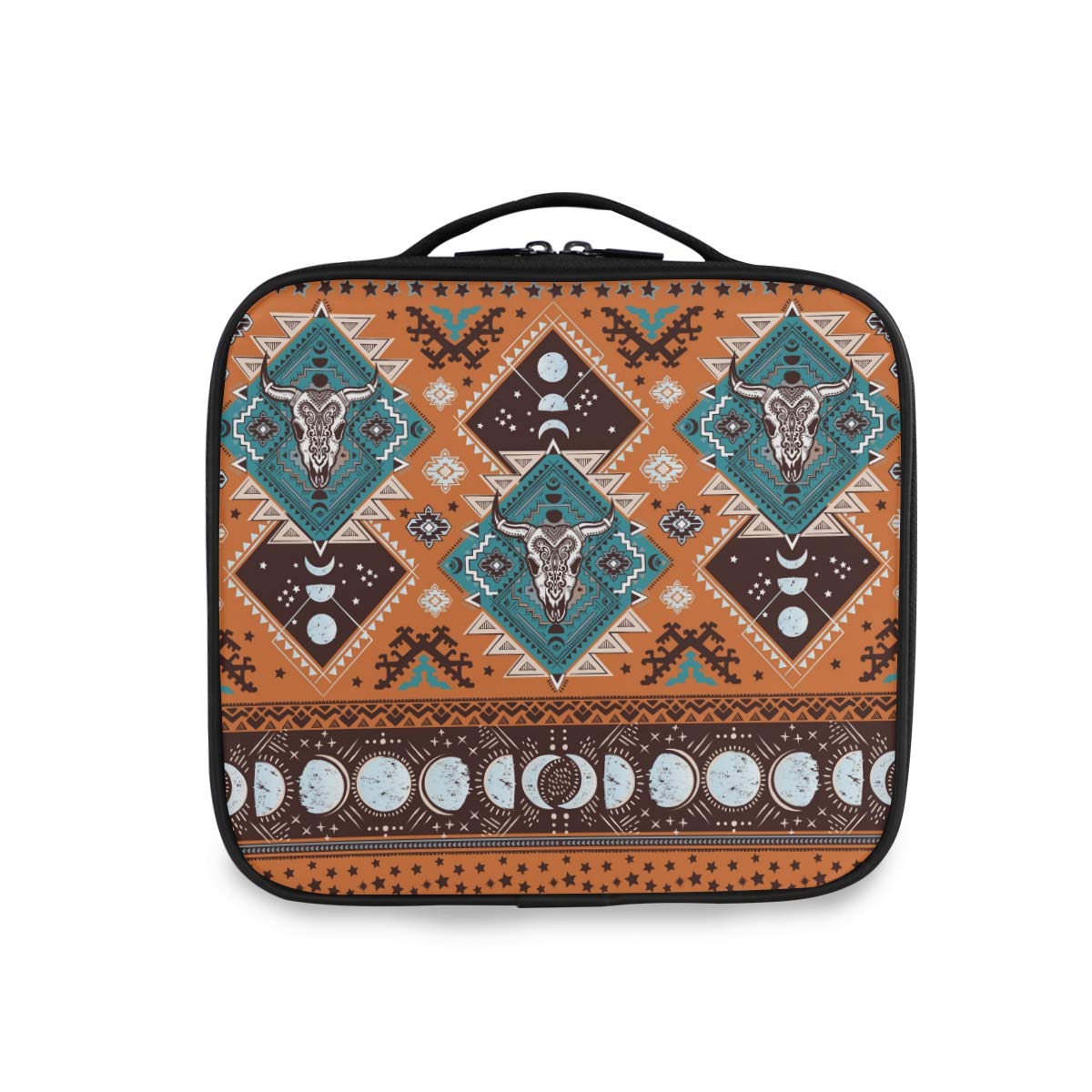 ALAZA Makeup Case Indian Tribal Aztec Ornament Geometric Pattern with Skulls Cosmetic Bag Organizer Travel Portable Storage Toiletry Bag Makeup Train Case with Adjustable Dividers for Women