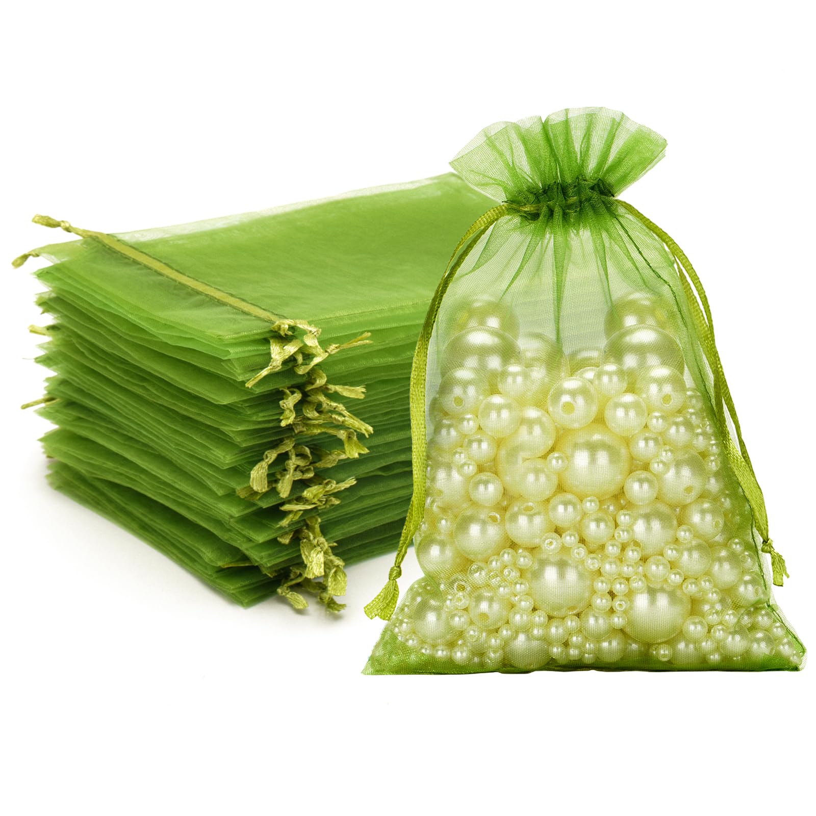 G2PLUS Green Organza Bags 4X6 in, 100PCS Olive Green Organza Gift Bags with Drawstring, Sheer Mesh Jewelry Pouches Tulle Bag for Candy, Jewelry,