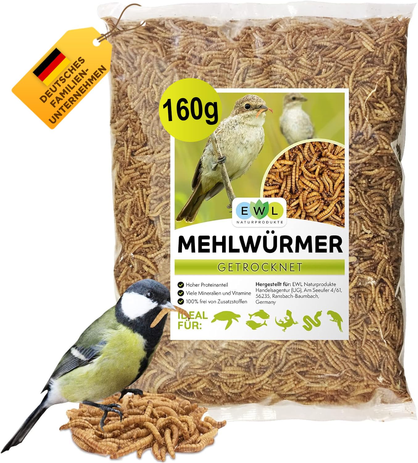 EWL Naturprodukte Mehlwürmer getrocknet 1 L (160 g), Insektensnack für Vögel, Fische, Schildkröten, Igel, Nager und Reptilien, Vogelfutter, Wildvögel, Ganzjährig, Eichhörnchenfutter, Igelfutter