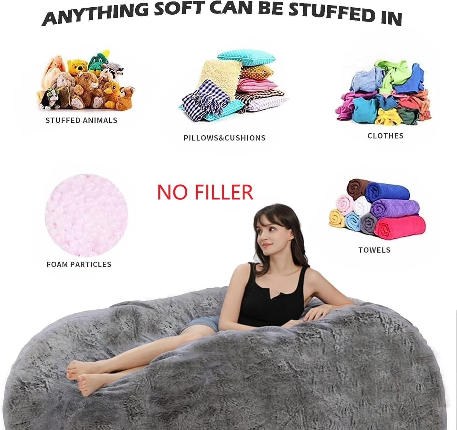 Bean Bag Chair for Adults Kids No Filling Comfy Giant Living Room Chairs Giant Bean Bag Cover for Stuffed Animal Storage, 5FT, Grey