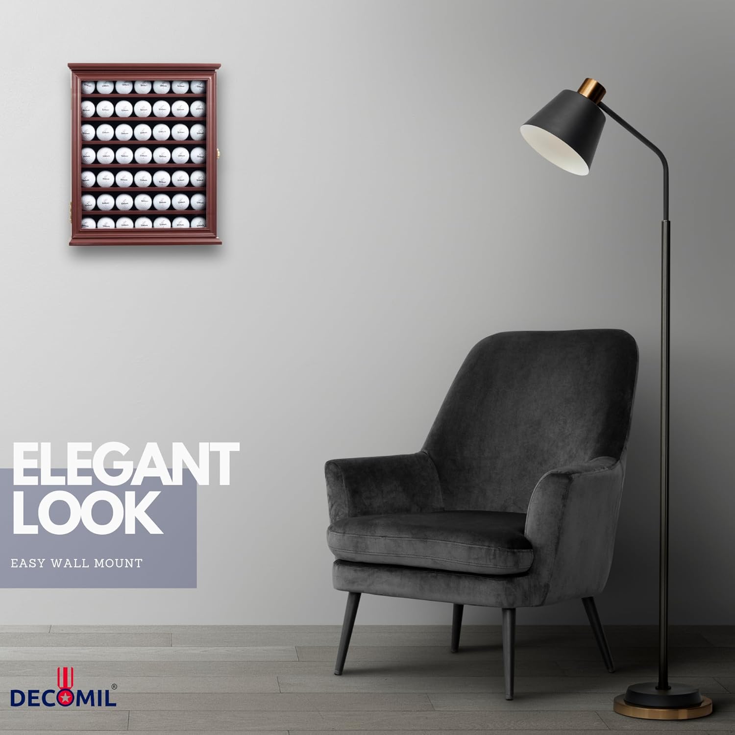 DECOMIL - Solid Wood Golf Ball Display Case Cabinet Wall Rack Holder UV Protection Lockable (Cherry, 49 Golf Ball)