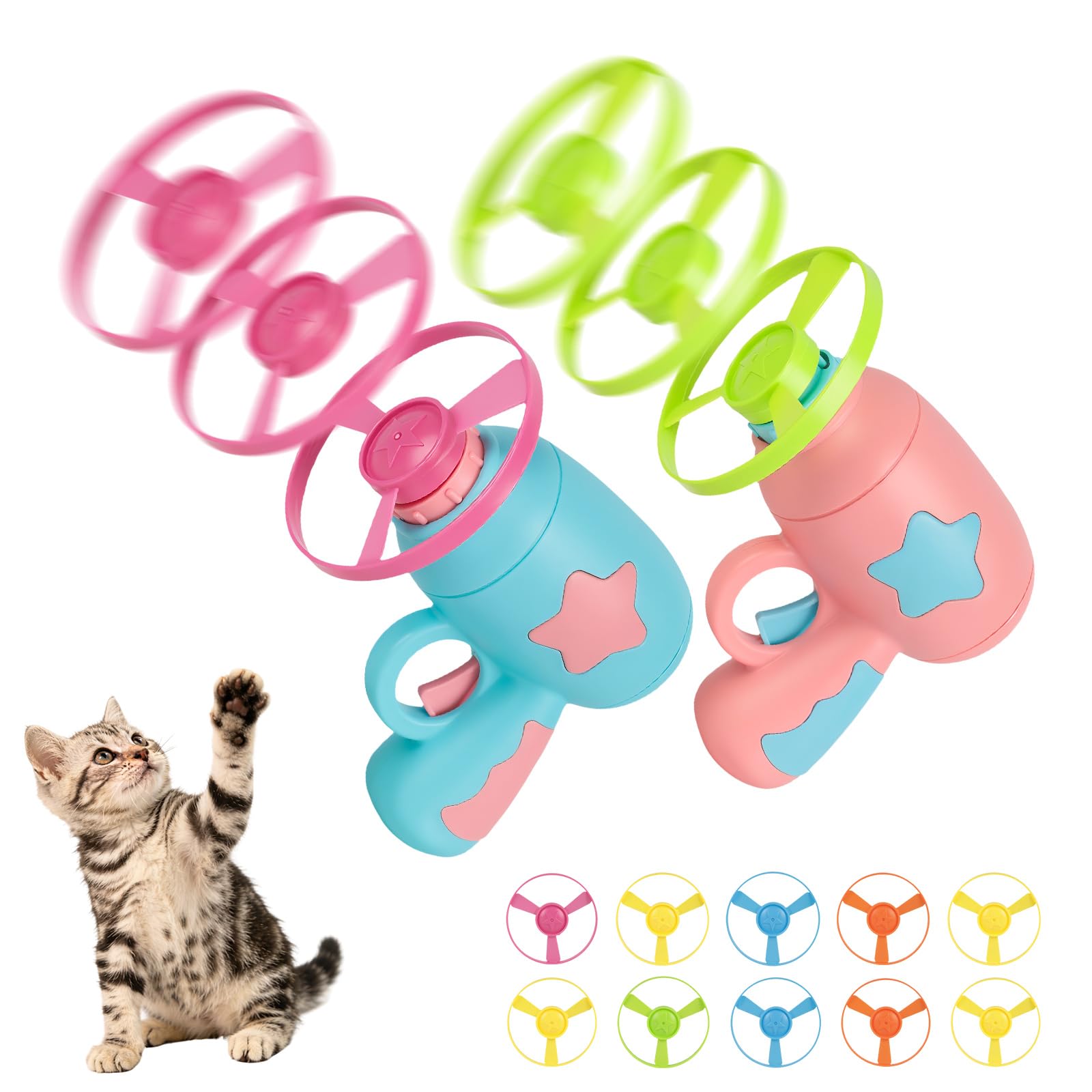 runpeak Interactive Cat Toy, Flying Disc Launcher Toy with 2 Shooters & 10 Colourful Propellers, Versatile Cat Toys for Indoor and Outdoor Chasing, Hunting and Exercise Training for Kittens