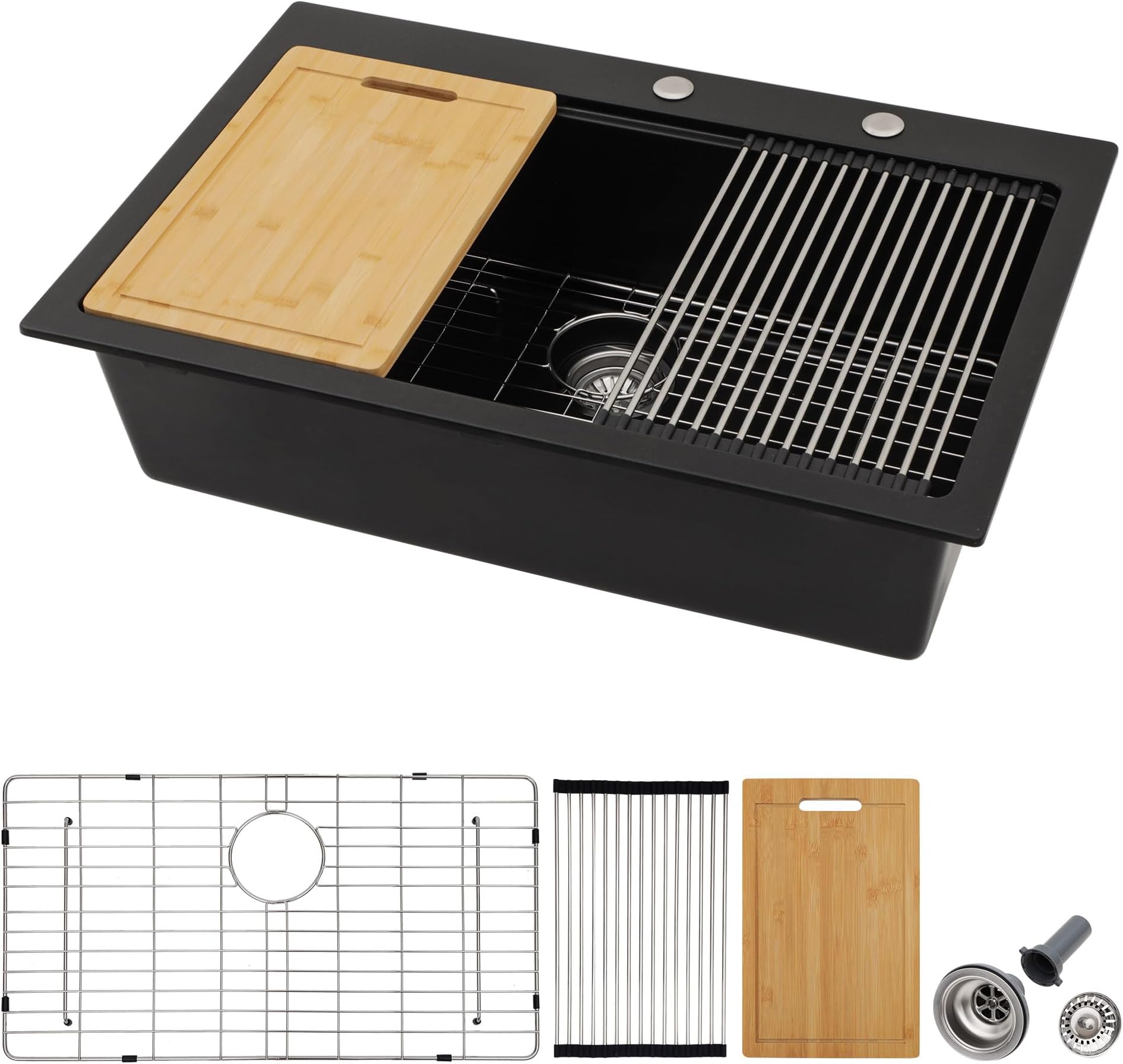 - 33 Granite Composite Kitchen Sink - Fulorni 33"x22" Granite Kitchen Sink Drop In Topmount Ledge Workstation Matte Black Quartz Classic Above Counter Single Bowl Sink Basin