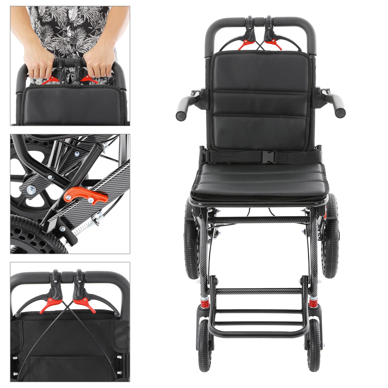 Silla de ruedas plegable de transporte, silla de ruedas, plegable, ligera, para viajes y hogar, con ruedas universales y freno de seguridad, adecuada para usuarios de 1,35-1,85 m