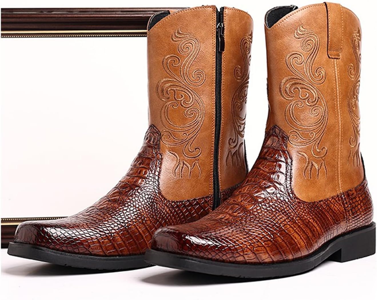 Western Style Men's Cowboy Boots Side Zipper Embroidered Round Toe Retro Anti-Slip Motorcycle Boots