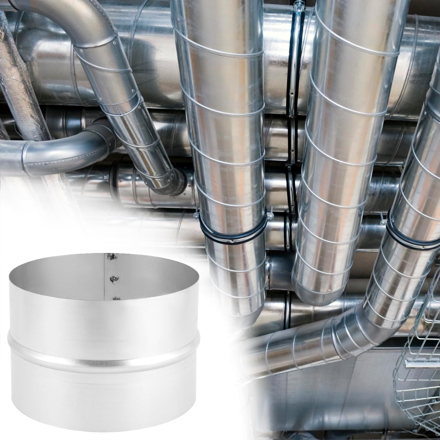 QWORK 6" Two-Hole Duct Connector, Metal Duct Connector, Straight Pipe Coupler, Round Ventilation Extension Fitting for HVAC Systems