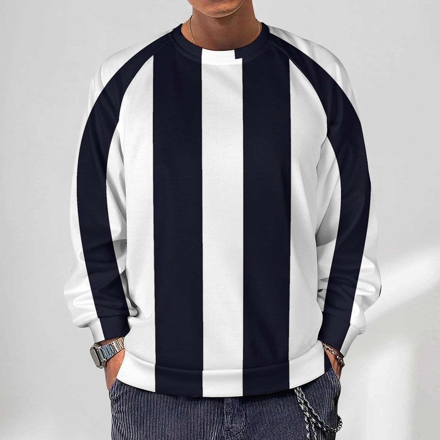 Navy Stripe Men's Sweatshirt Crew Neck Sweater Long Sleeve Pullover Tops Casual Wear
