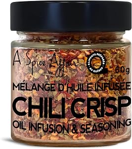 A Spice Affair's Chili Crisp Oil Infusion & Seasoning | Mild–Medium Heat Crushed Flakes for Everyday Cooking | All-Natural, Non-GMO, Filler-Free | Perfect for Pizza, Pasta, Eggs, Stir-Fries, Marinades, Veggies & Homemade Spicy Oil | Signature Glass J