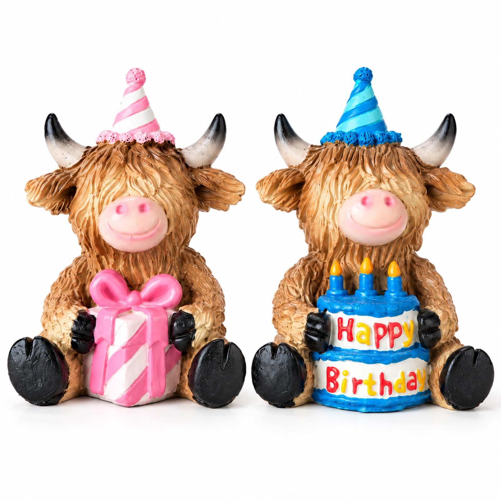 2 Highland Cow Geburtstagsdeko, Kuh Dekofiguren Geburtstagsgeschenk | Hochlandrinder Statuen Deko Geburtstagsgeschenk, Hochlandrind Dekofiguren Harz, Highland Kuh Deko für Bücherregal Wohnzimmer