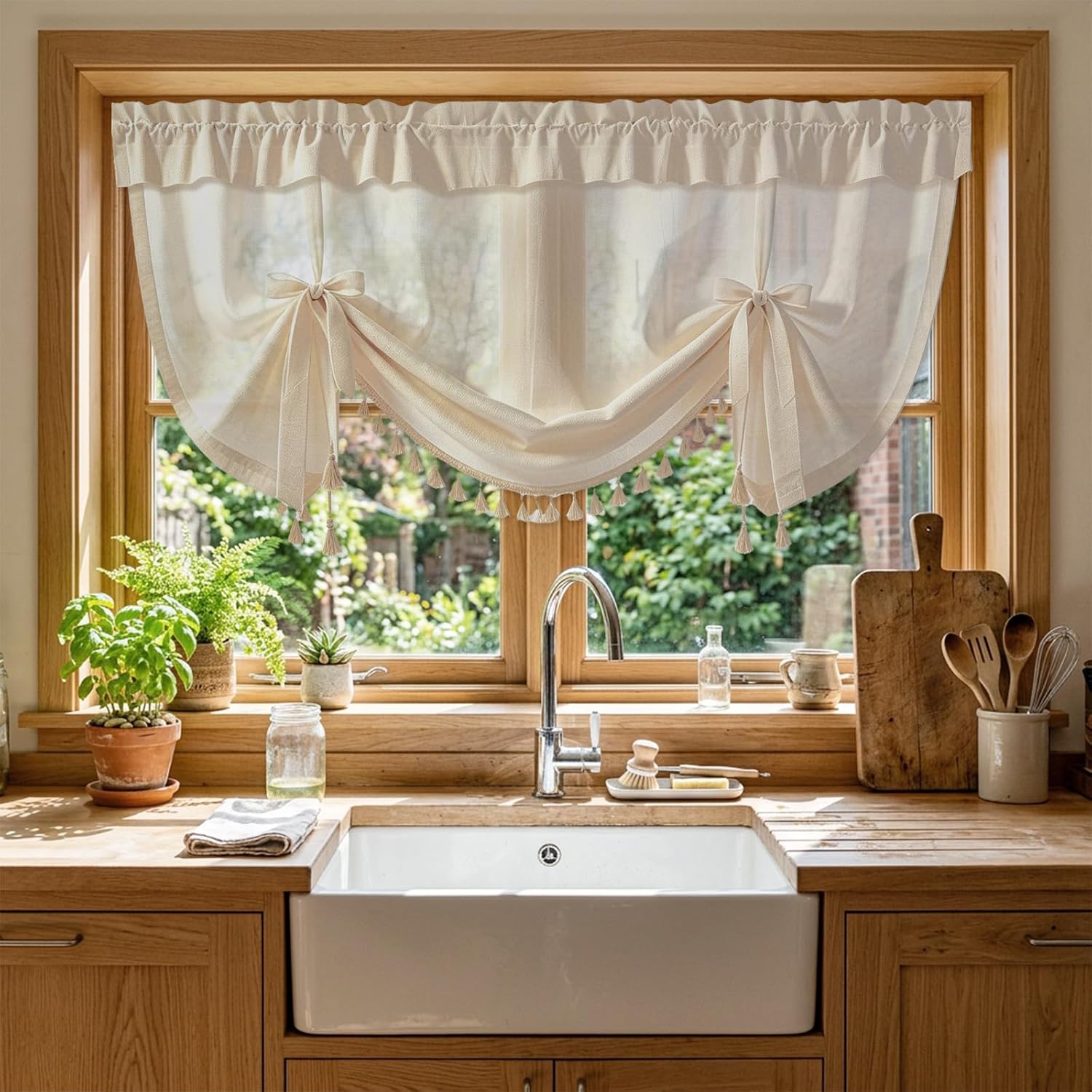 JarThenaAMCS Tied Up Window Valance Beige Bowknot Ruffled Tassel Window Tie Up Curtain Tiers for Windows Rod Home Kitchen Cafe Farmhouse Decoration 1 Panel, 54 x 40 Inch