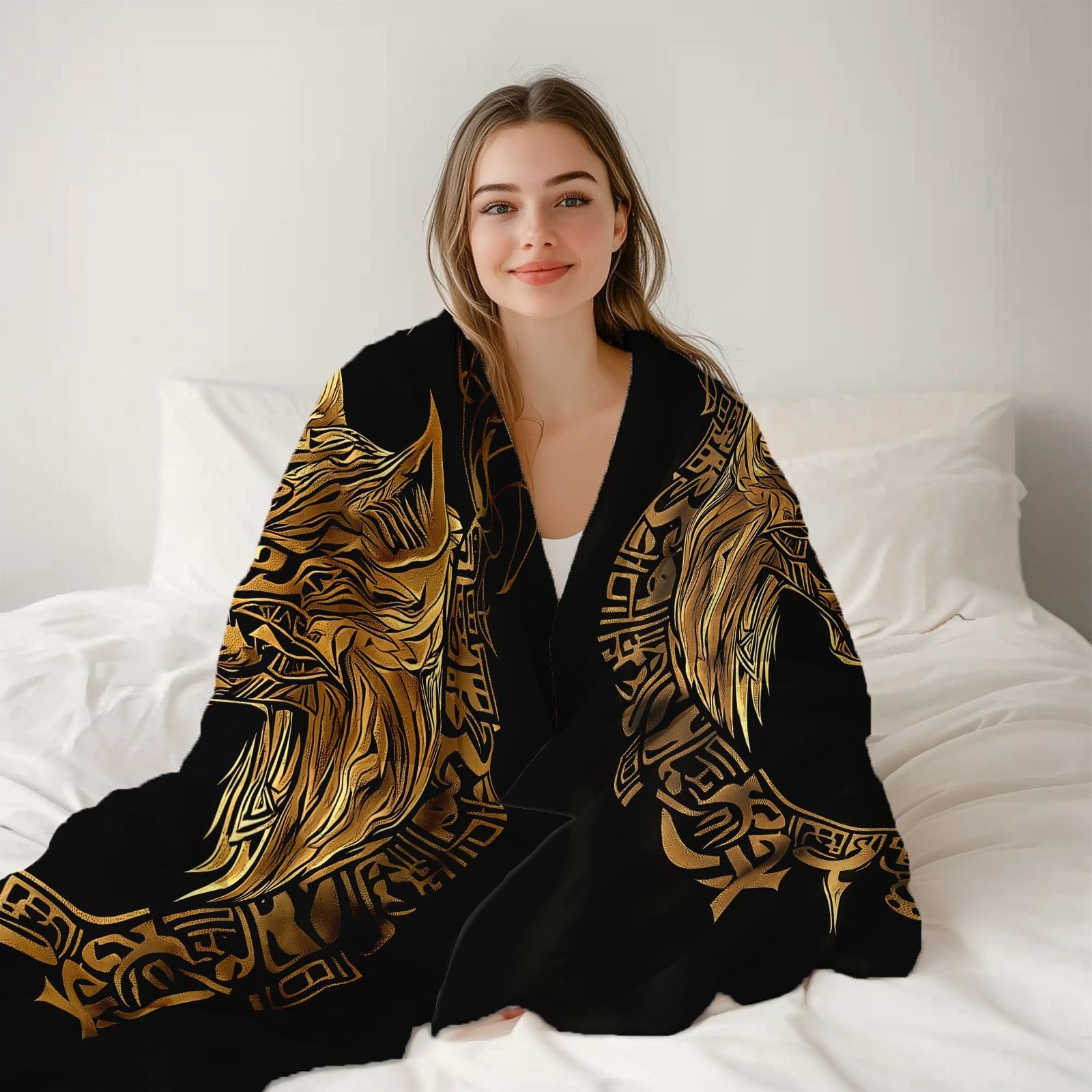 Manta Polar de Franela de Microfibra Animales Tradicionales Pintados A Mano Mantas Impresas para la Siesta del sofá, para sofá Cama, Dormitorio, Sala de Estar 180 x 200 cm, Negro Dorado