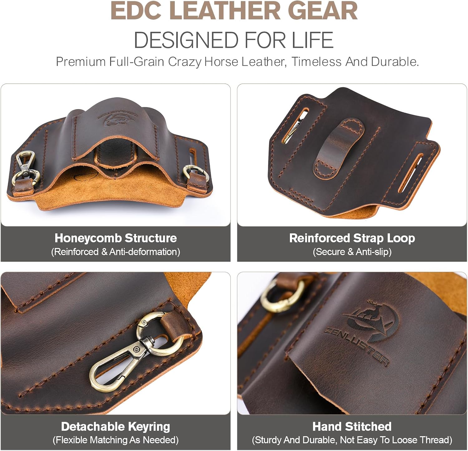 Genuine Leather Multitool Sheath, Fits 4" & 4.5" Multi-tool Holster for Leatherman, Handmade EDC Belt Organizer, 4-Pocket Tool Pouch for Flashlight & Pen, Camping Carry (Dark Brown)
