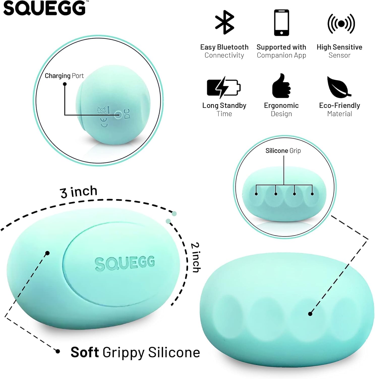 Diagram showing SQUEGG features including charging port, dimensions, silicone grip, Bluetooth, app support, sensitive sensor, long battery, ergonomic design, and eco-friendly material.