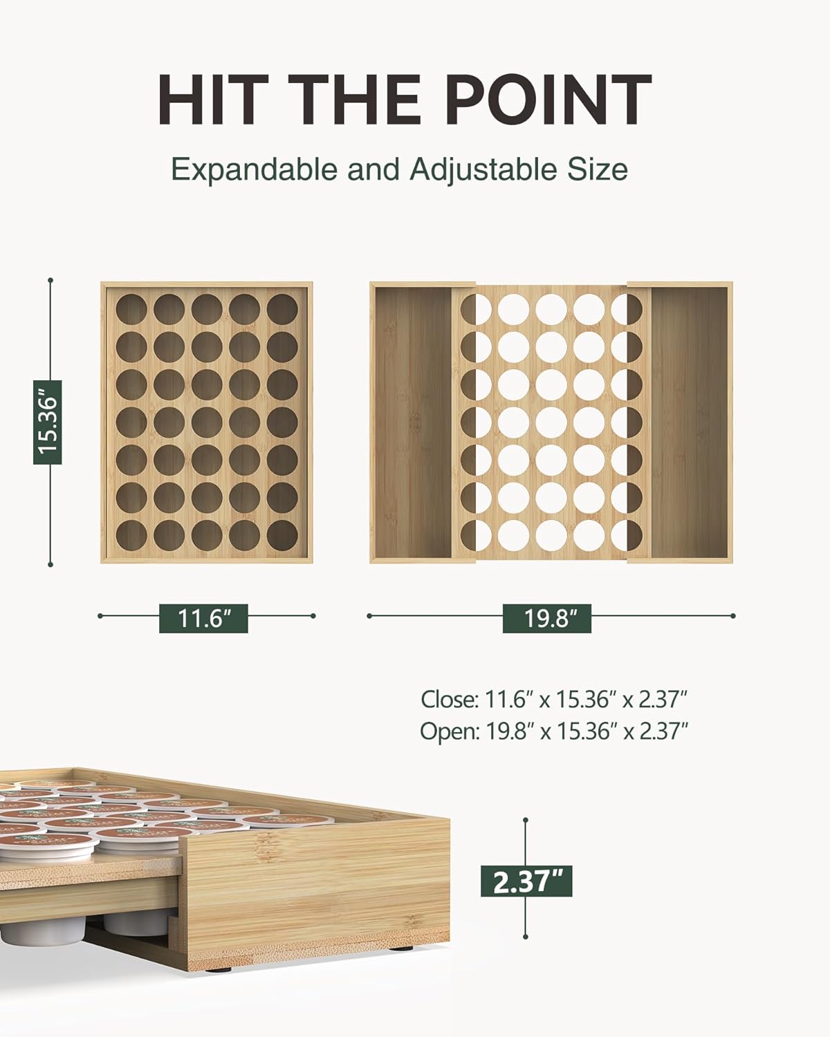 Larger Expandable Bamboo Coffee Pod Holder for Counter Drawer Display, 35 Pod Capacity, K-Cup Pods - Tea Bags Storage Organizer Holder (Bamboo)