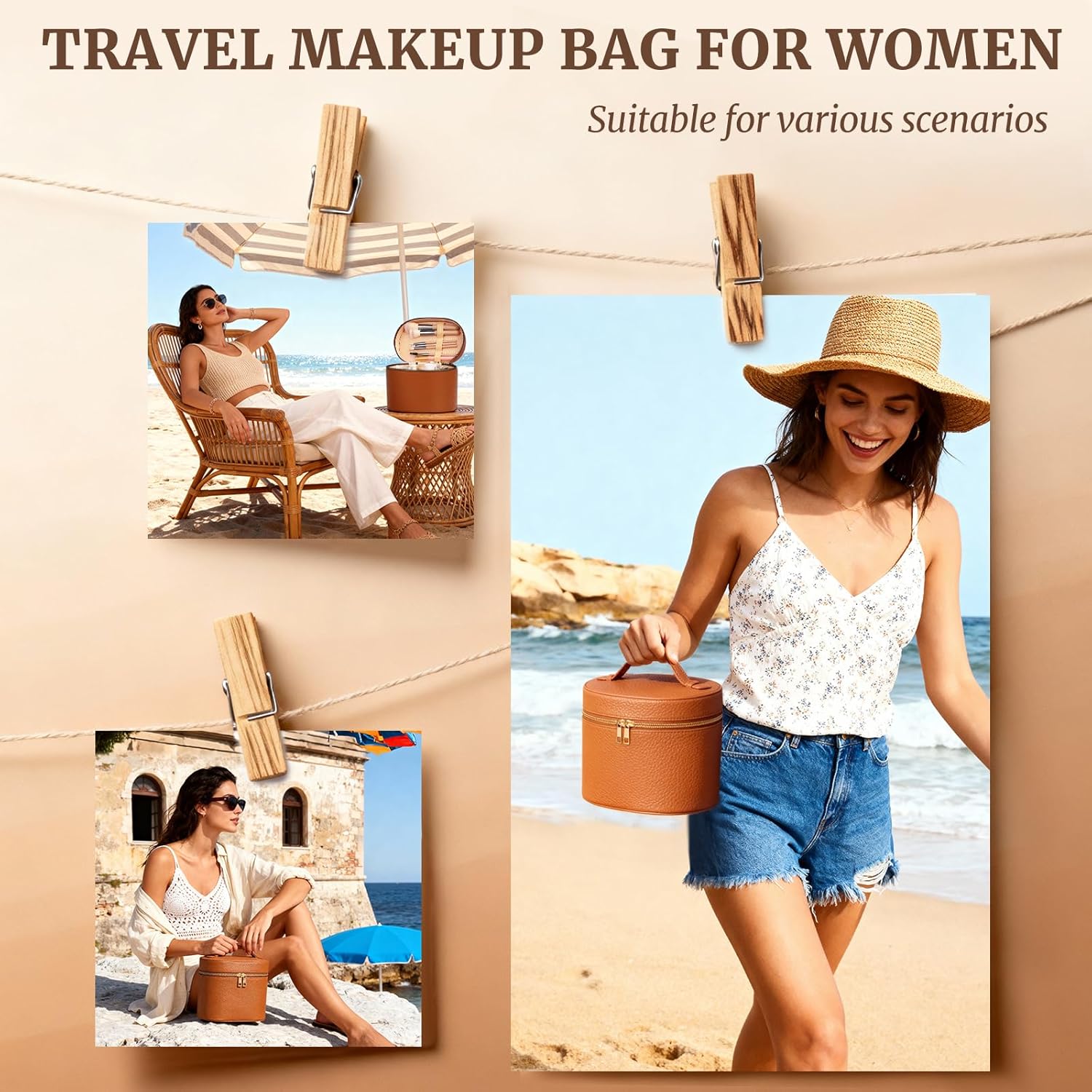 Makeup Bag Vanity Case for Women Leather Cosmetic Bag Makeup Organizer Case Portable Travel Toiletry Bag With Removable Compartments and Handle - Brown