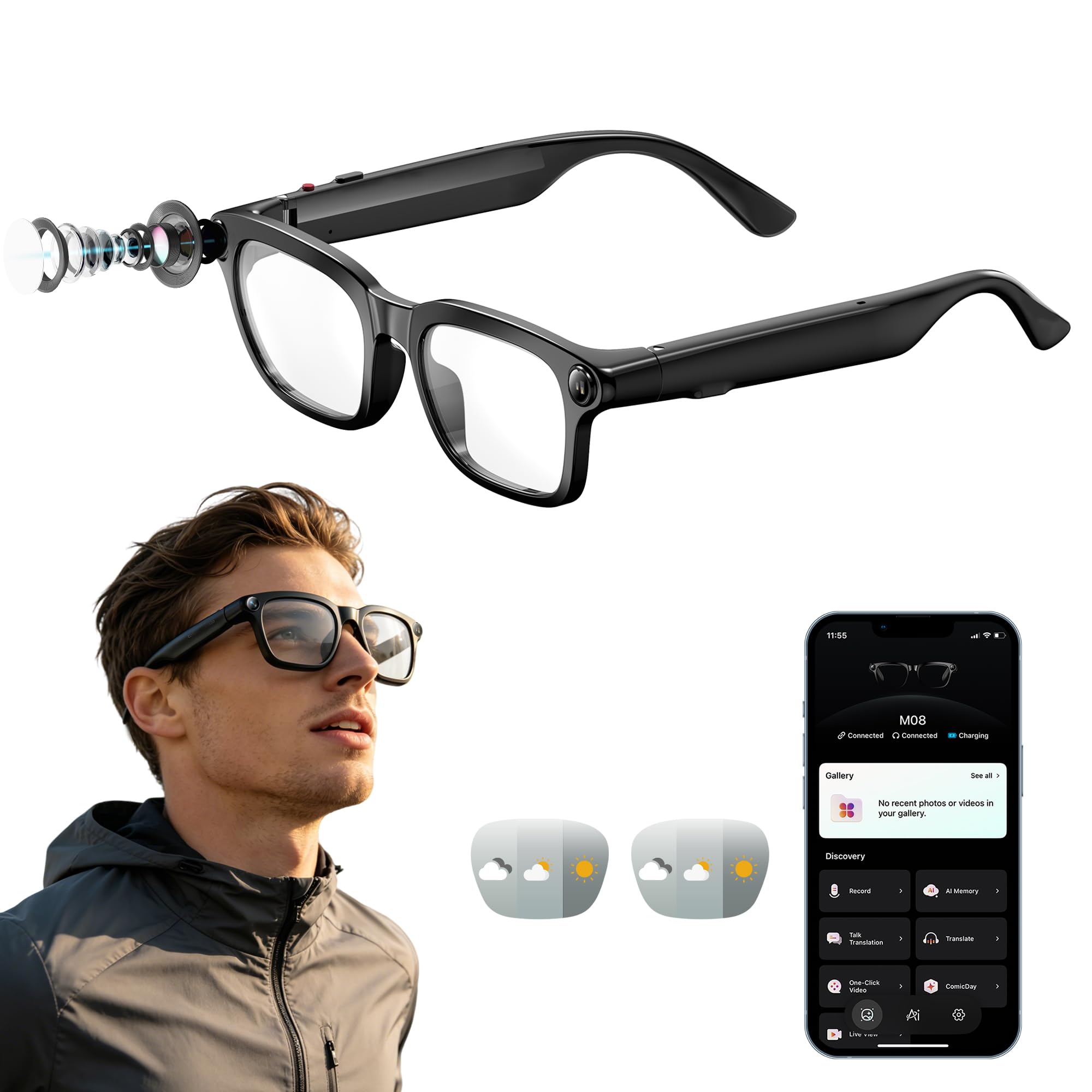 AI Smart Glasses with 8MP Camera for Men Women, Photo Video Recording, 100+ Languages Real-Time Translation, Open-Ear Audio Eyewear Bluetooth Sunglasses for Travel Meetings Vlog (Clear Lenses)-image-21