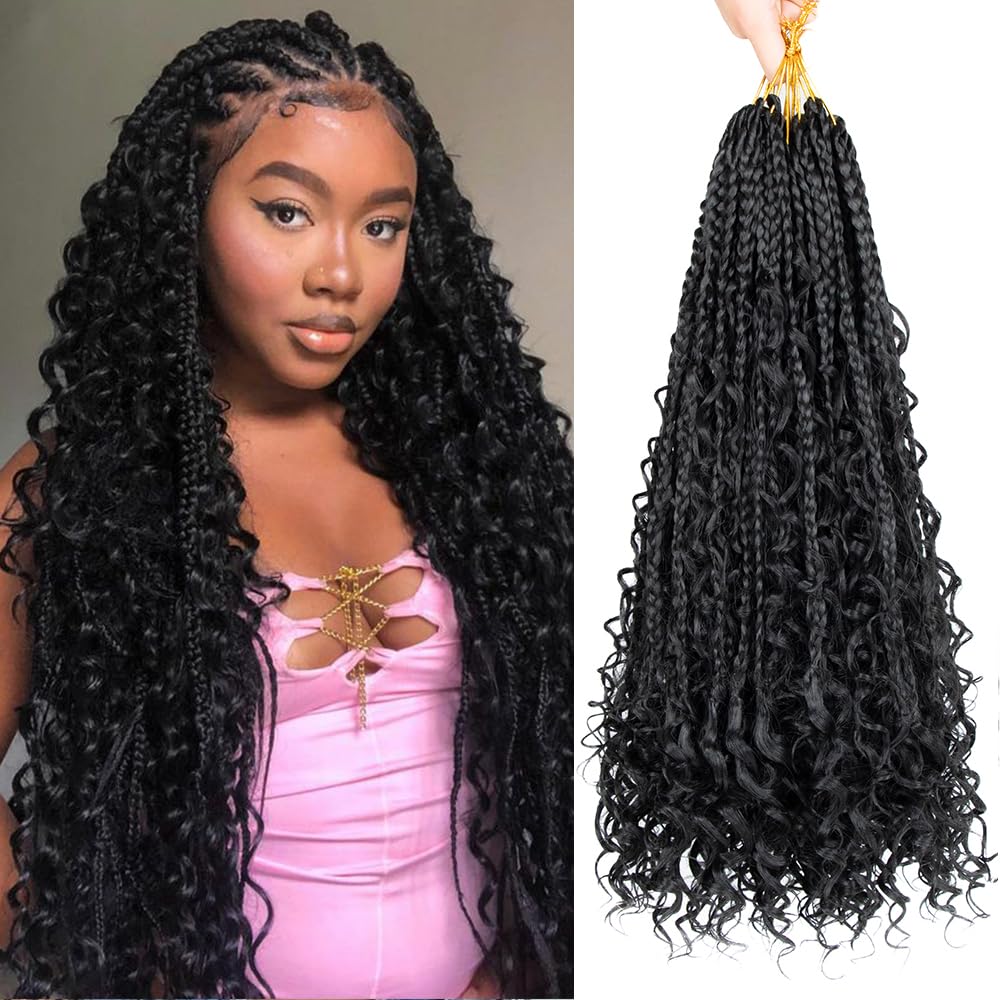 Goddess Box Braids Crochet Hair for Black Women24 Inch, 8 Packs Goddess Boho Crochet Box Braids Synthetic Crochet Hair with Curly Ends Bohemian Pre Looped Box Braids Crochet Hair Extensions #1B