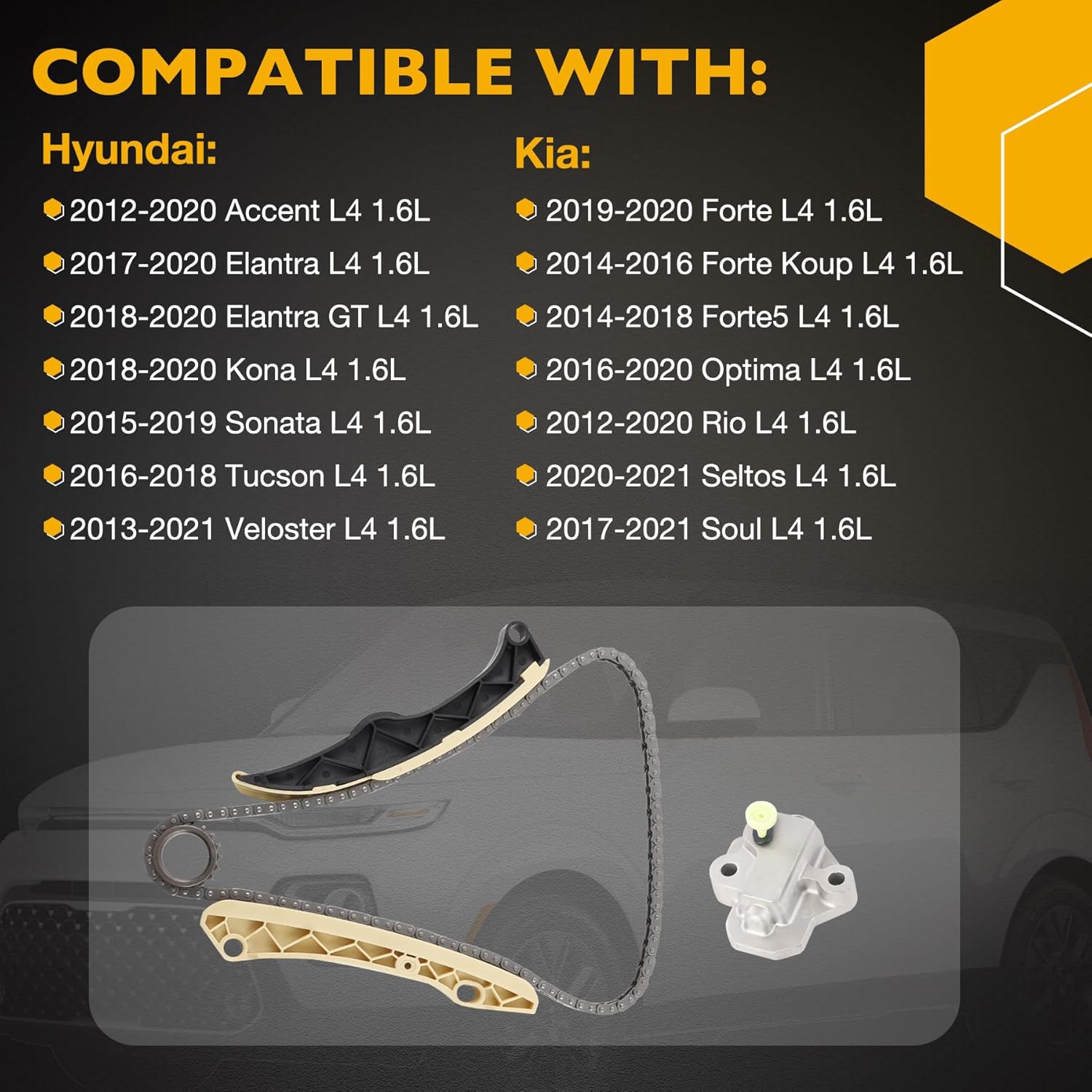 1.6L Engine Timing Chain Kit WithTensioner, Compatible with 2012-2021 Hyundai Kia Accent Elantra Kona Sonata Tucson Veloster Forte Soul Optima Rio Seltos, 1.6L L4 Engine, Replace# 243212B620