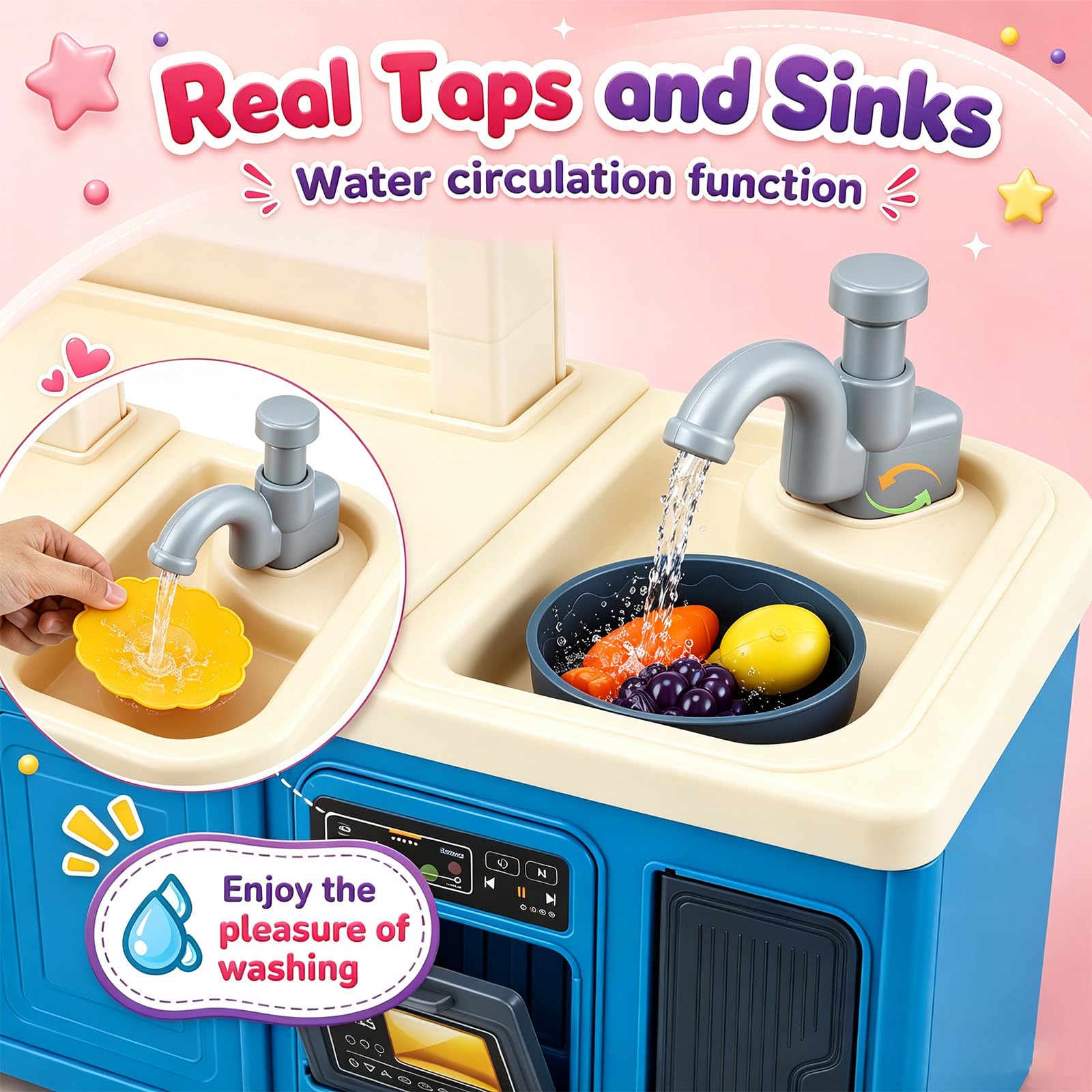 Cuisine Enfant avec 50 Accessoires, Cuisine Jouet avec Lumière, Son & Vapeur, Cuisine Enfant avec Plaque de Cuisson, Évier & Fonction Eau, Cuisine Poupée, Cuisine Jouet pour Enfants dès 3 Ans, Bleu