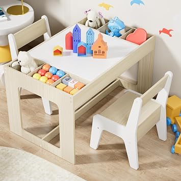Clevich Kids Wooden Table and 2 Chairs Set with Storage Space and Reversible Tabletop, Kids Activity Table for Eating, Crafting and Playing, Toddler's Desk for Children's Room, School, Daycare