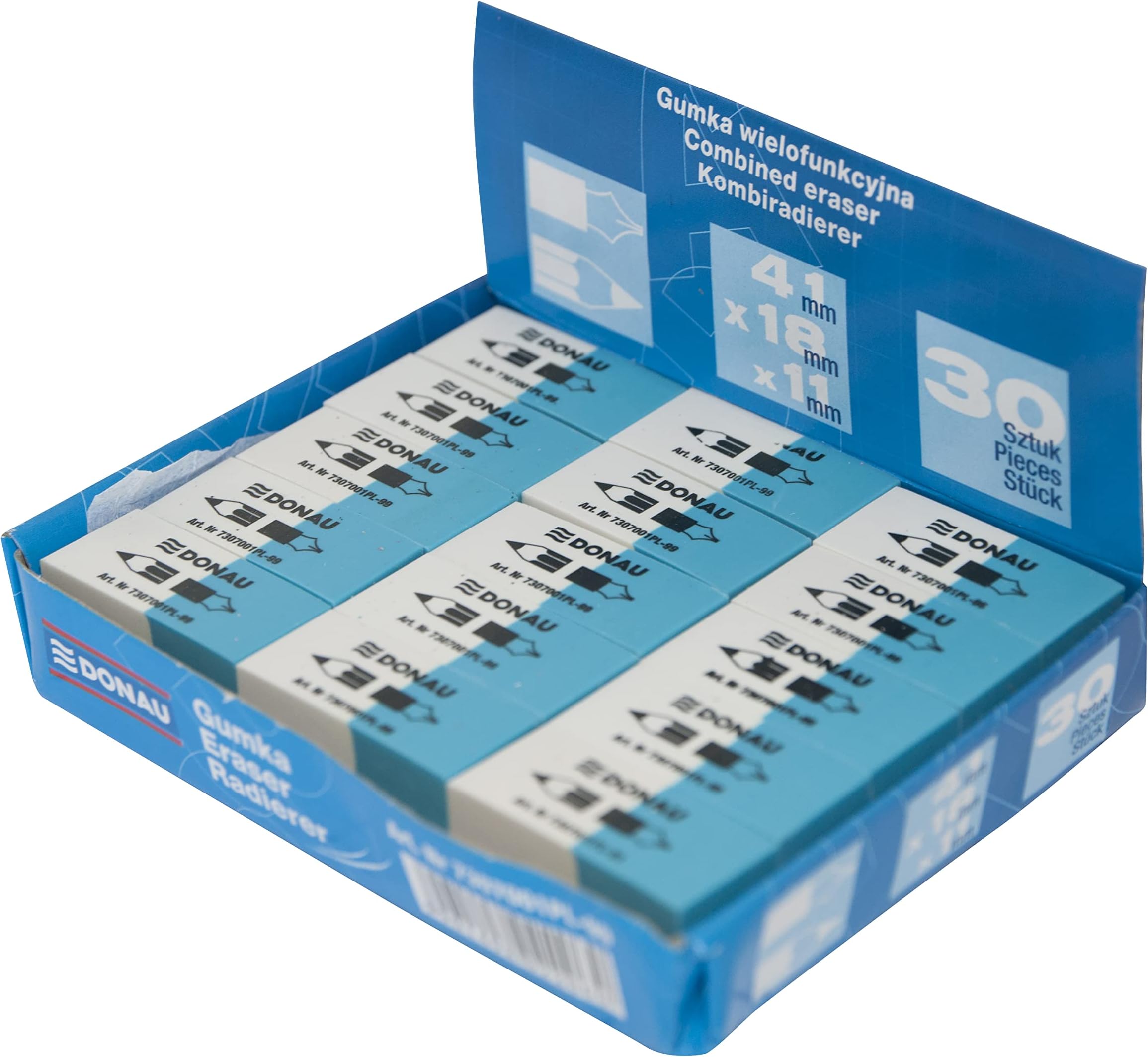 OFFICER PRODUCTS DONAU 7307001PL-99 Eraser/Pack of 30 / Colour: White/Blue/Eraser for Pencils and Ballpoint Pens/Made of Rubber/Can be Used on Both Sides / 41 x 18 x 11 mm