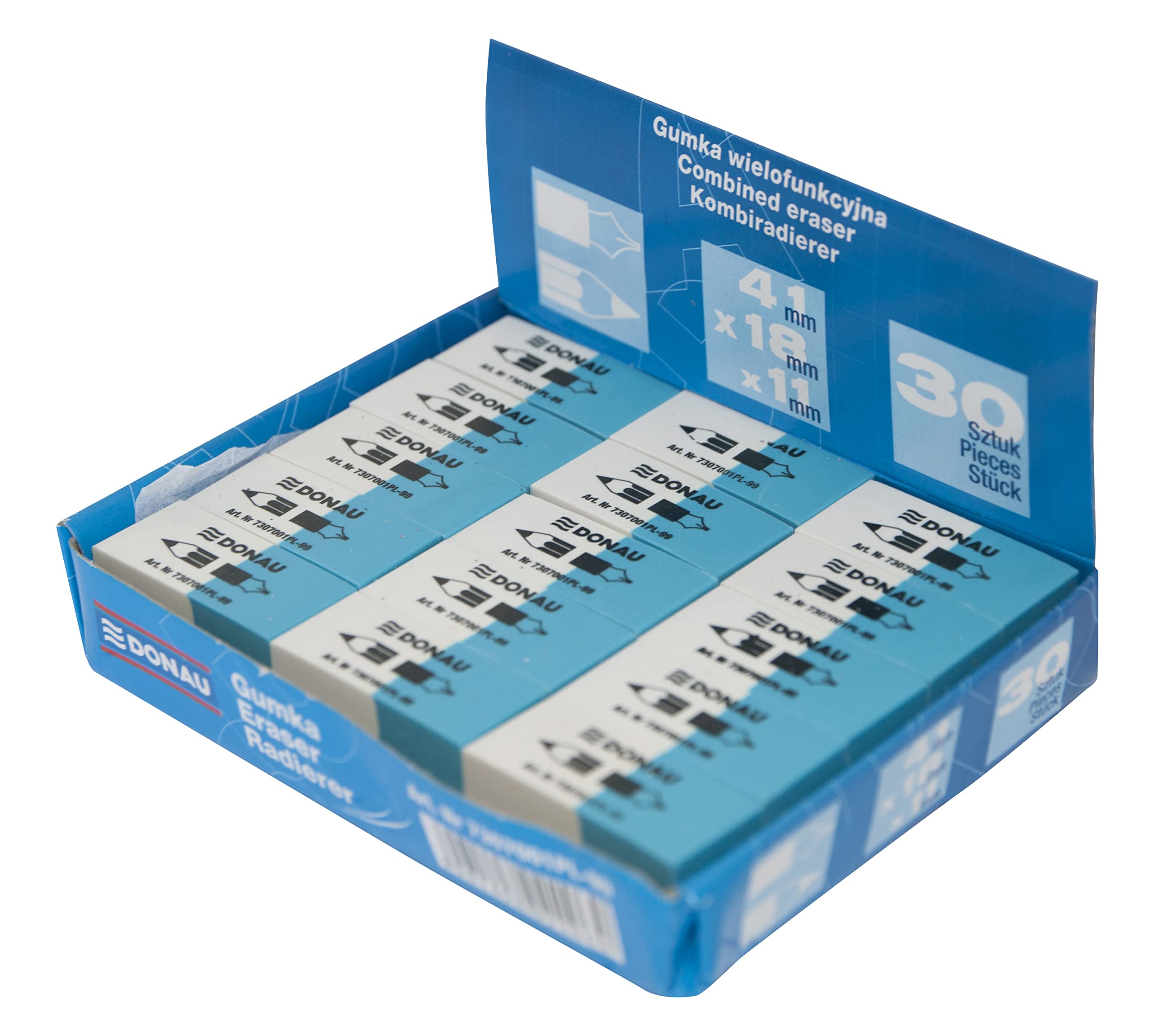 OFFICER PRODUCTS DONAU 7307001PL-99 Eraser/Pack of 30 / Colour: White/Blue/Eraser for Pencils and Ballpoint Pens/Made of Rubber/Can be Used on Both Sides / 41 x 18 x 11 mm