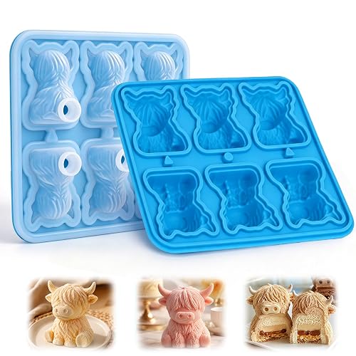 Palksky Highland Cow Silicone Mold, 6 Cavity 3D Cute Cow Chocolate Candy Mold, Food Grade Tray for Baking, Ice Cube, Jello