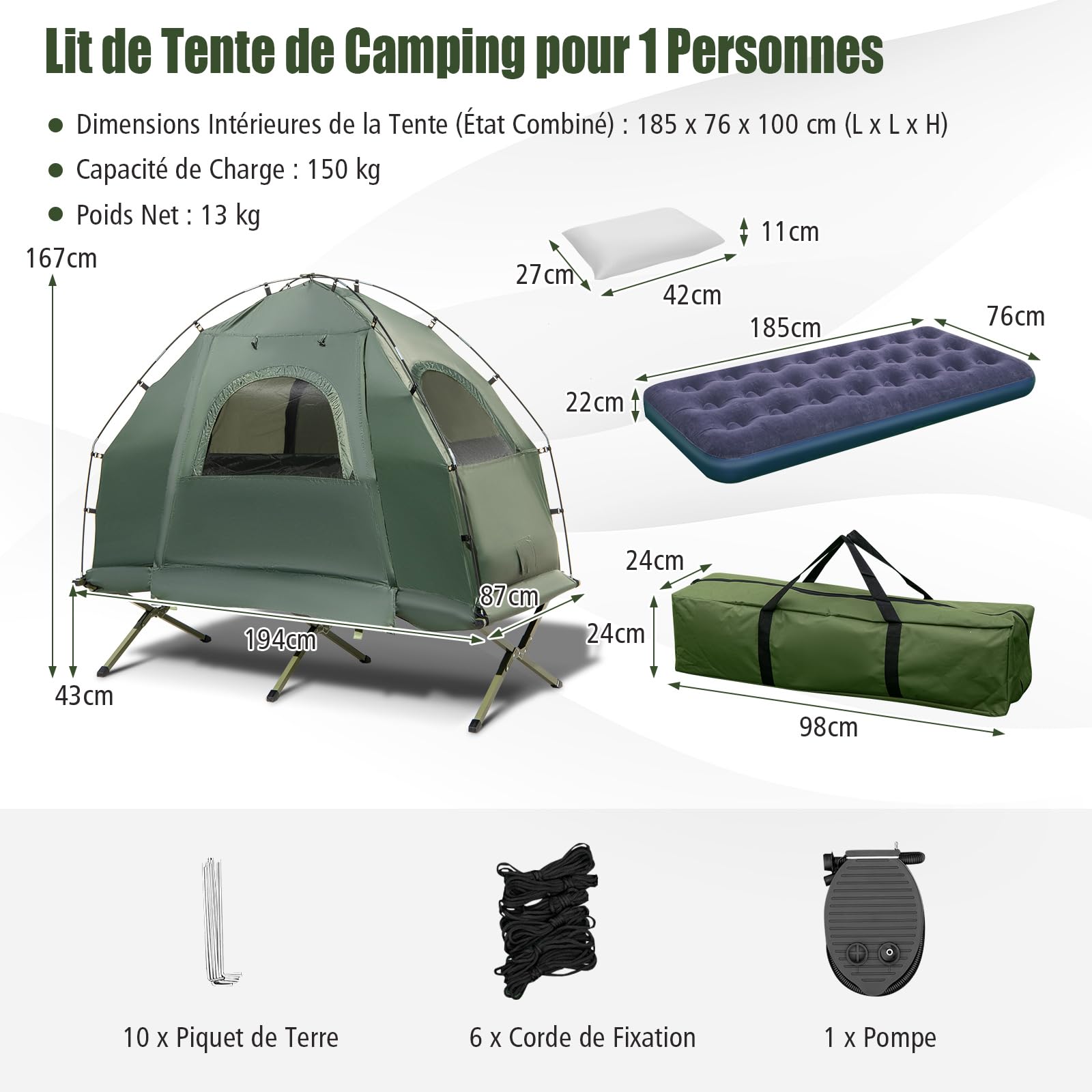 GOPLUS 5-en-1 Lit de Camping Pliant 1 Personne Adultes, Tente Pliante avec Auvent, Tente Surélevée Portable avec Matelas Oreiller Pneumatique et Sac de Couchage(87x194x167CM-Simple,Vert)