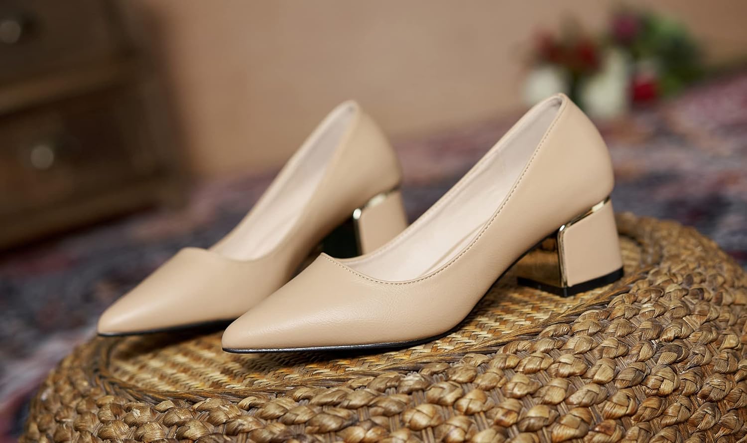 YooPrettyz Women Leather Pump Shoe Office Daily Wear Block Heel Work Pump Pointed Toe Polished Mid Heels