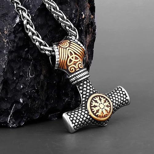 Vista 3 de Nordic Viking Mjolnir Thor Hammer Vegvisir Brújula Collar Nordic Jewelry 9V0DU (mezcla dorada)
