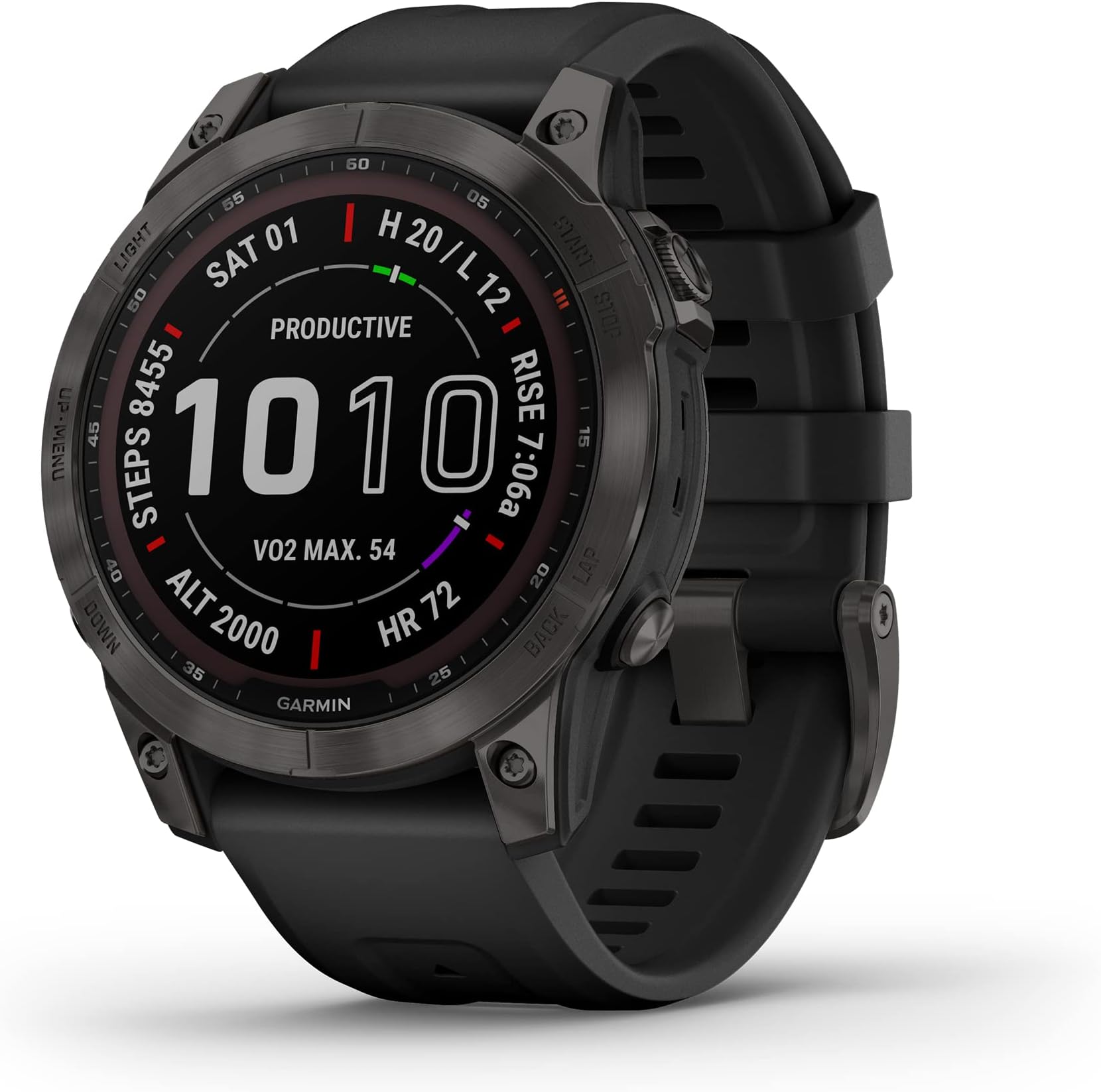 Garmin fenix 7 Sapphire Solar, adventure smartwatch, with Solar Charging Capabilities, rugged outdoor watch with GPS, touchscreen, wellness features, carbon gray DLC titanium with black band