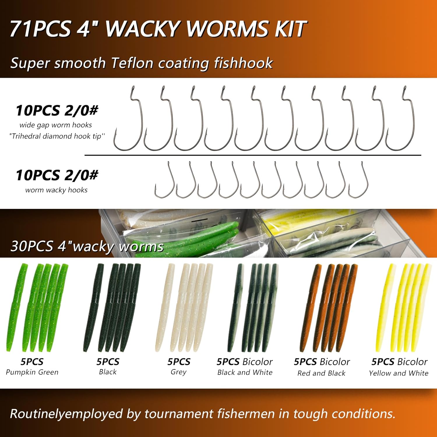 Wacky Worms Bass Fishing Kit, 71pcs Stick Shaped Soft Baits with 30 4" 6 Proven Colors, Teflon-Coated Wacky & EWG Hooks, O-Rings, Compatible with Senko-Style Worms, Premium 3600 Tackle Box