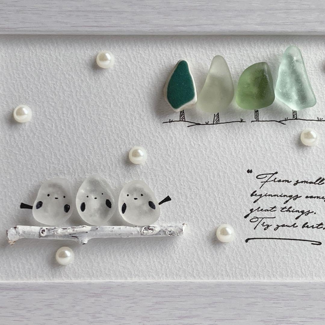 シーグラスアート 3羽の仲良しインコ　小鳥　うちの子グッズ シーグラスアート 3羽の仲良しインコ 小鳥 うちの子グッズ シー ガラス