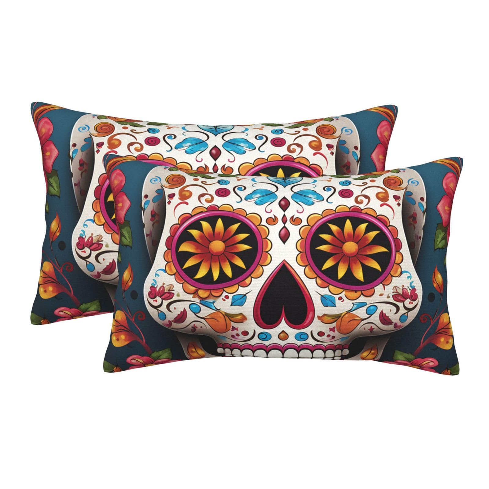 2 Pack Standard Size Pillow Cases for Hair and Skin Soft Breathable Pillow Case Covers with Hidden Zipper Colorful Sugar Skull Pillowcase 14"x20" Pillow Cover for Sleeping Gift