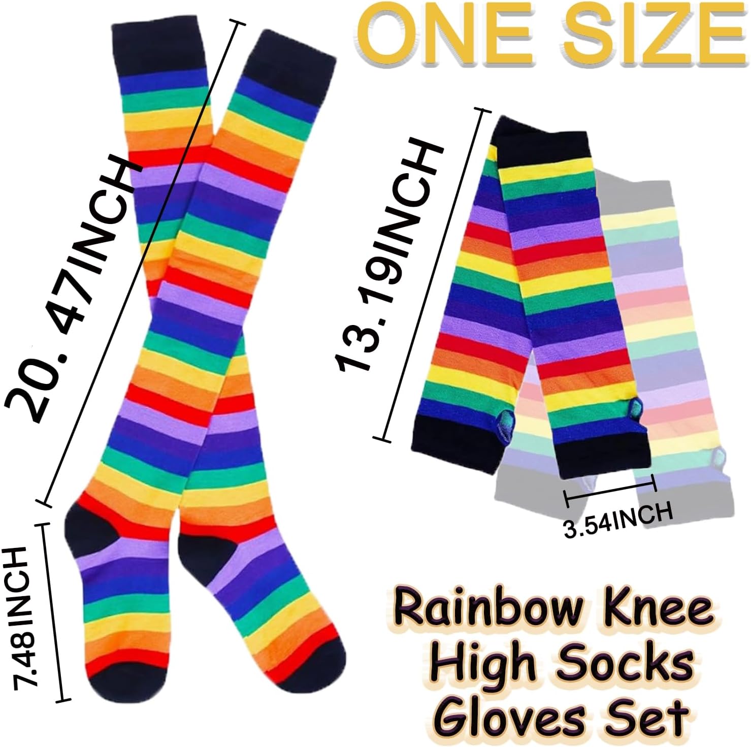 Chalier Womens Rainbow Socks Striped Knee High Socks Arm Warmer Fingerless Gloves Set - Image 2