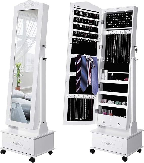 Songmics Wheeled and Led Illuminated Lockable Jewelry Cabinet, White, Jbc61W