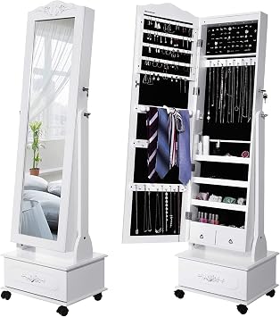 Songmics Wheeled and Led Illuminated Lockable Jewelry Cabinet, White, Jbc61W