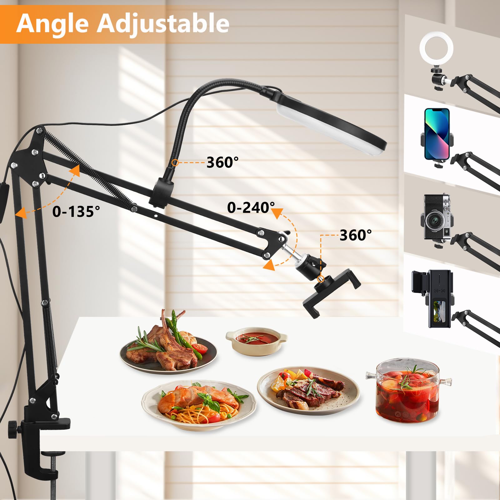 Supporto per cellulare appeso con luce anulare, supporto flessibile per fotocamera da tavolo con luce anulare per registrazione video, live streaming, pittura, make-up e infeltrimento ad ago
