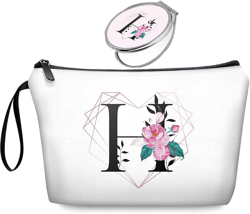 Necessaire de maquiagem JIEXAGEZOS com estampa de letra H, espelho dupla face e alça