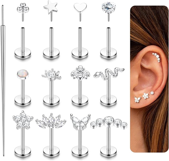 JeweBella 20 Pezzi Orecchini Piercing Acciaio Chirurgico: Set Helix, Trago, Lobo Con Forme Cuore Stella Luna Farfalla - 3