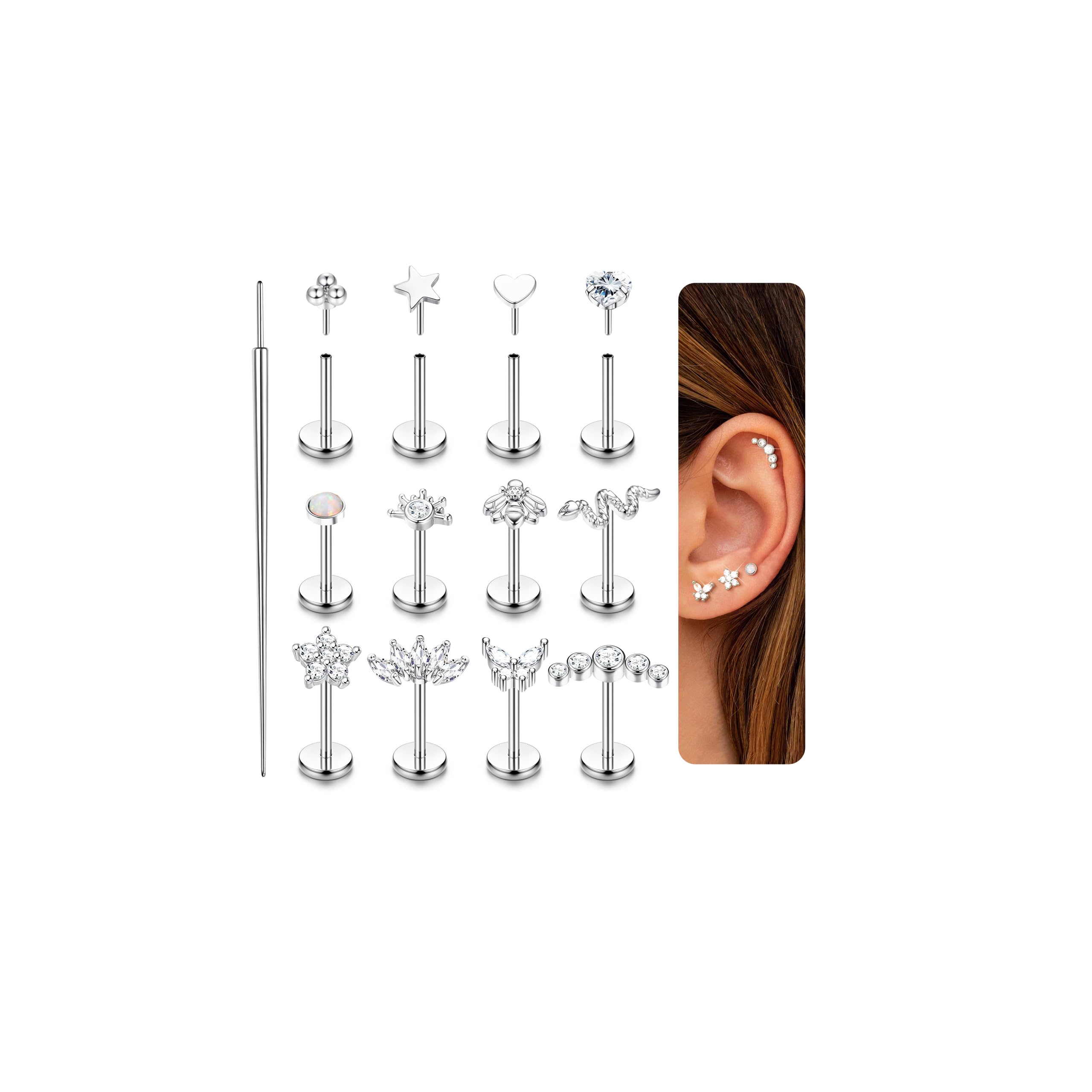 JeweBella 30 Pezzi 16G Helix Tragus Orecchini per Donna Acciaio Chirurgico CZ Palla Perlina Cuore Stella Luna Orecchini a Bottone Piercing Orecchio Cartilagine Helix Conch Trago Daith