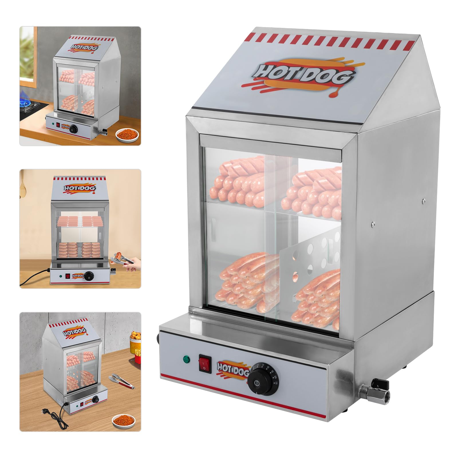 Hot Dog Maker, 40 L 1200 W eléctrico Hot Dog Steamer Acero Inoxidable Salchichas Calentador de Salchichas con Ventana de Cristal, Calentador de 86-230 ℉ para puestos de comida, cantinas, restaurantes