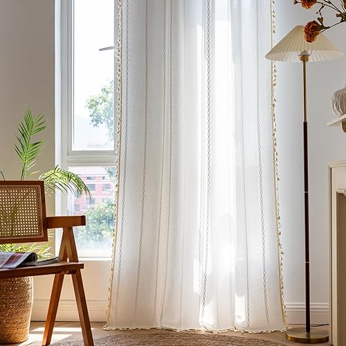 Miniatura 102 de Deeprove Cenefa Bohemia Blanca con Borlas para Decoración de Cocina y Cafetería, Cortinas Cortas de Algodón y Lino Crema Estilo Bohemio Rústico,