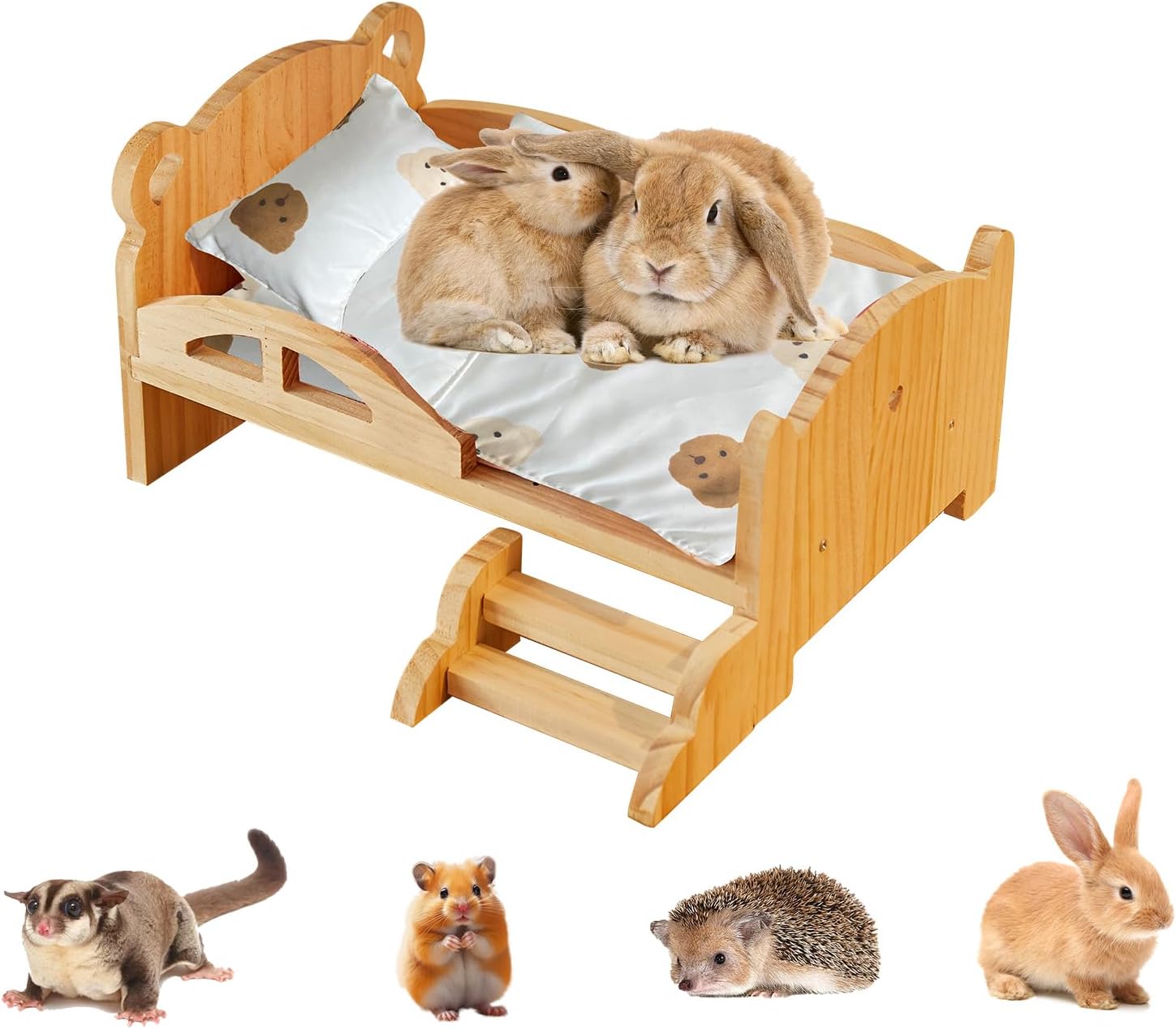 Solid Wood Rabbit Bed with Mini Staircase, Natural Wood Small Animal Bed for Rabbits, Hamsters, Hedgehogs - Low Bed Frame with Rounded Edges for Safe Climbing, Prevents Falls & Comfort Rest
