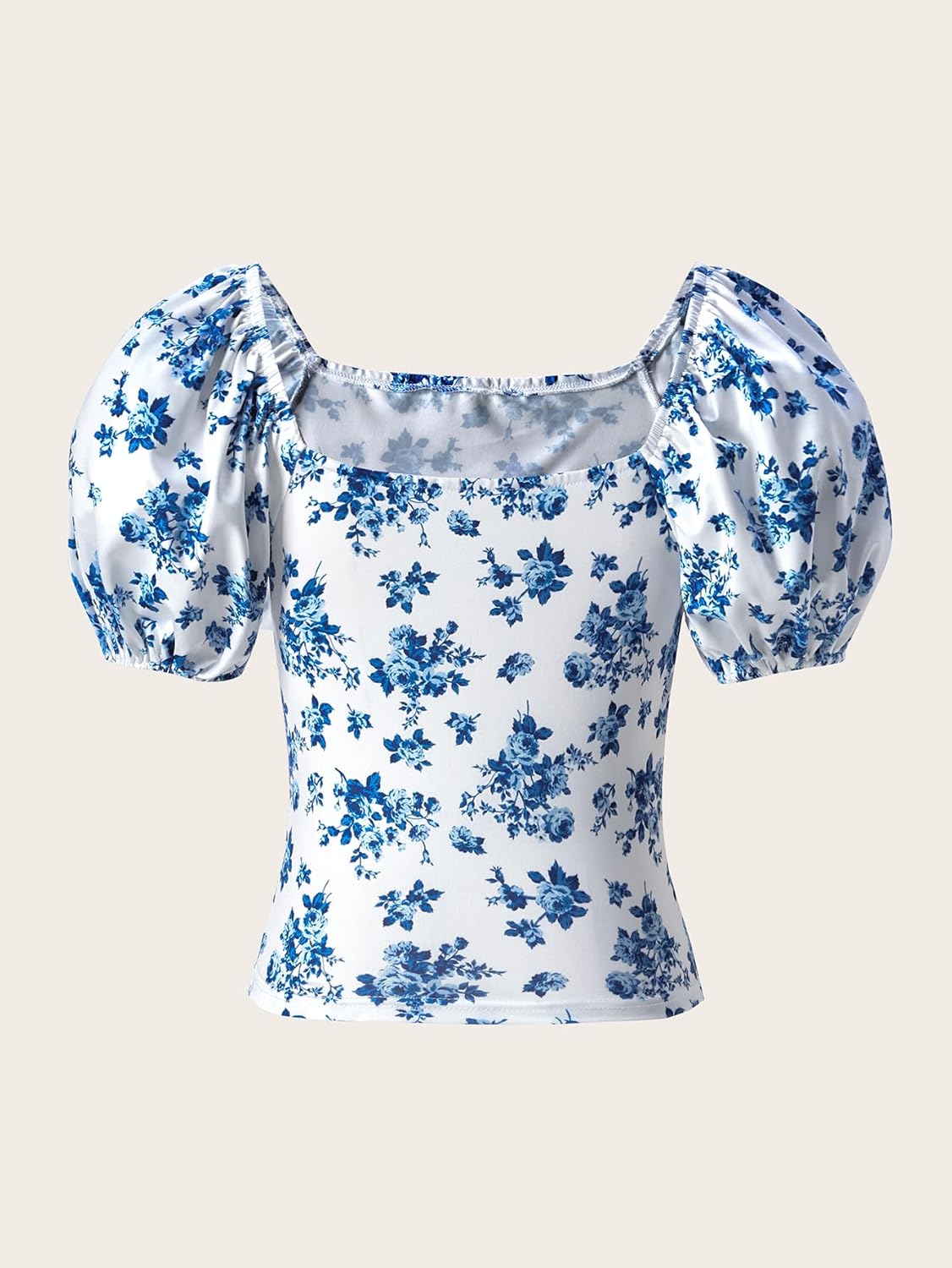 Women's Summer Floral Puff Sleeve Tops Dressy Casual Ruched Square Neck Boho T Shirts Vacation Outfits - Image 3
