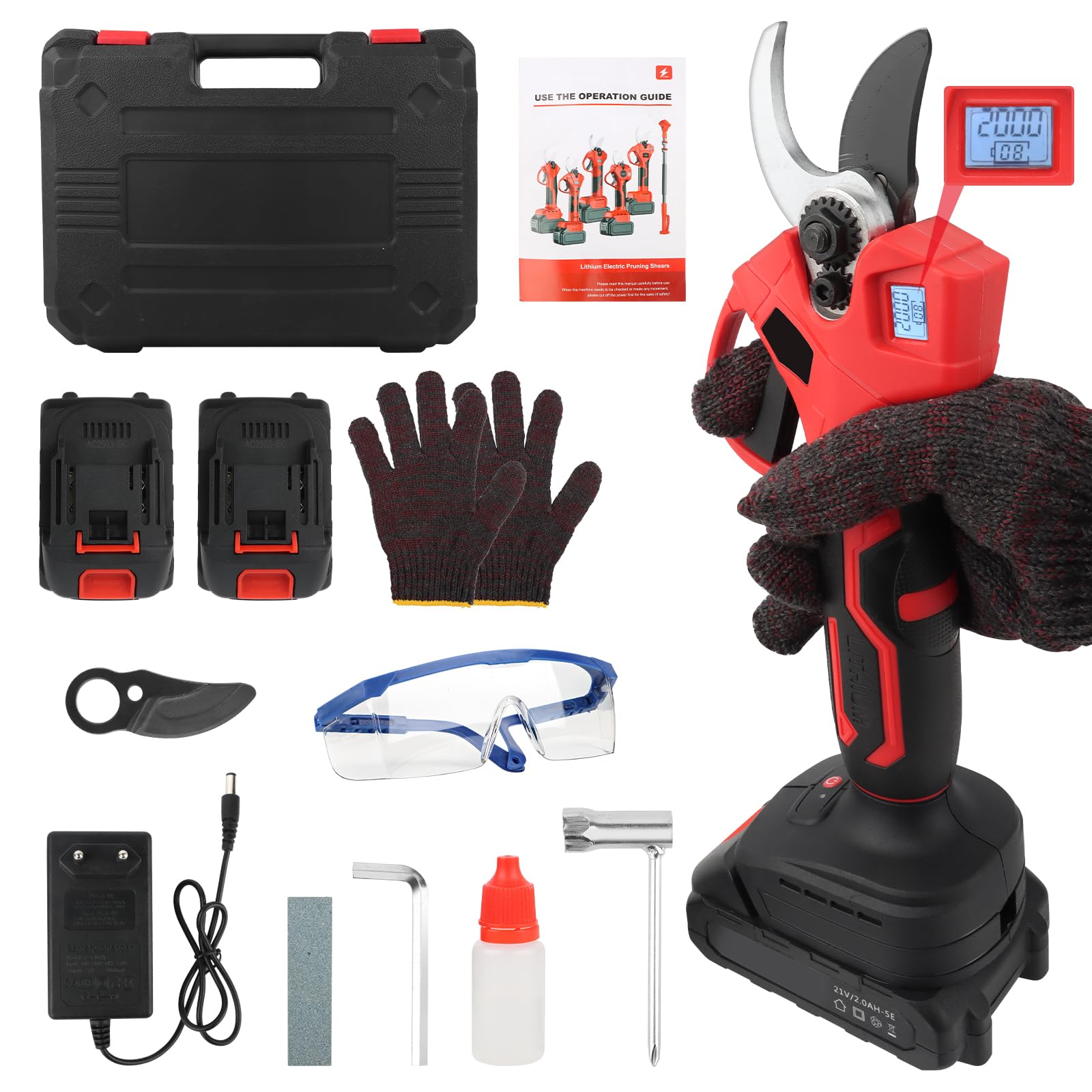 Cisailles électriques de jardin avec batterie 2000 mAh, moteur sans balais, dérivation et compteur LED pour femmes et hommes