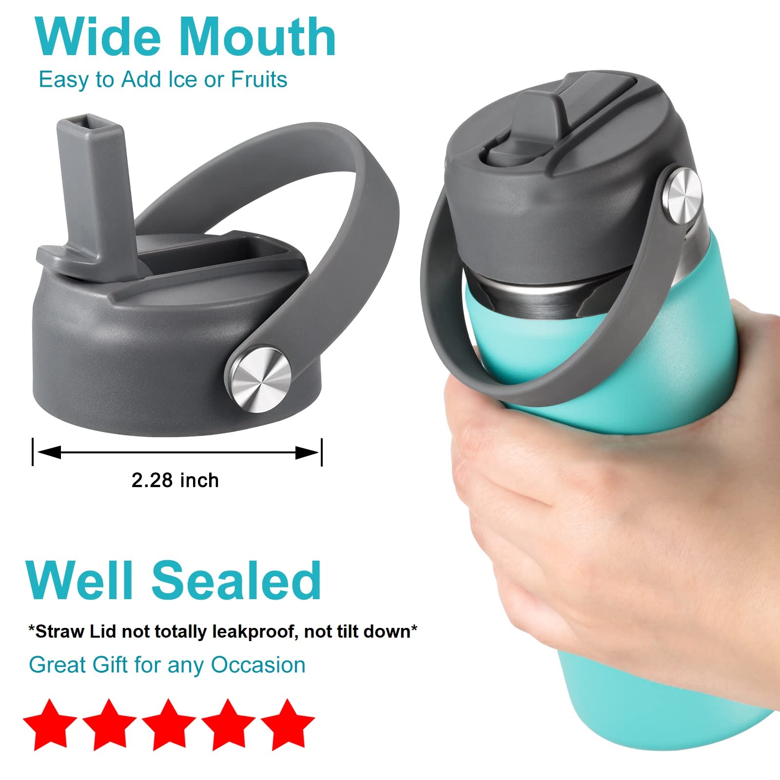 KMN Strohhalmdeckel für Hydro Flask Wide Mouth, Flex Strohhalm Deckel mit Strohhalm für Hydro Flask Wide Mouth 12 16 18 20 32 40 1814 g, flexibler Griff Ersatzdeckel Strohhalme Kappe oben Zubehör