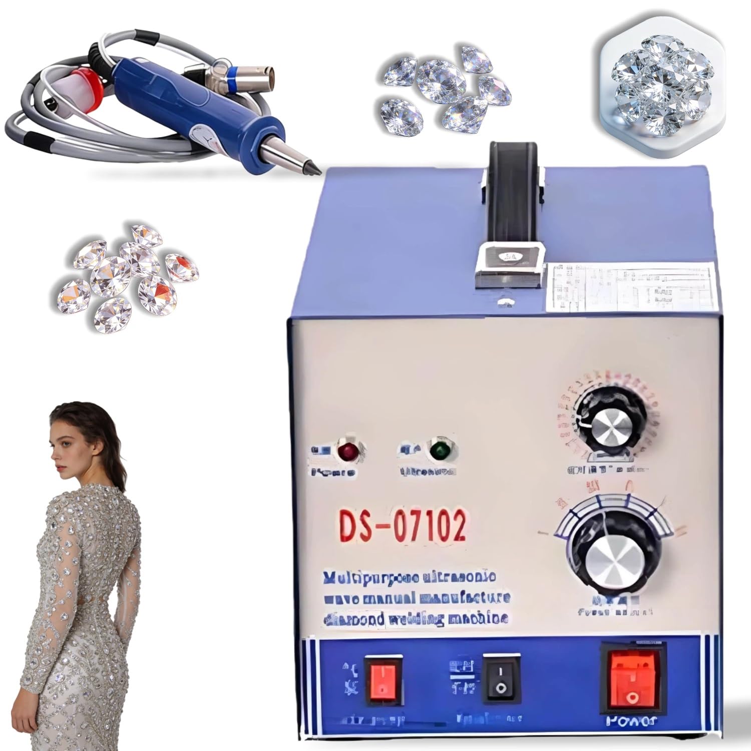 Máquina de ajuste de perlas ultrasónica, kit de herramientas aplicador de fijación en caliente con temporizador, tiempo y potencia ajustables, 7 tamaños de punta para manualidades de tela